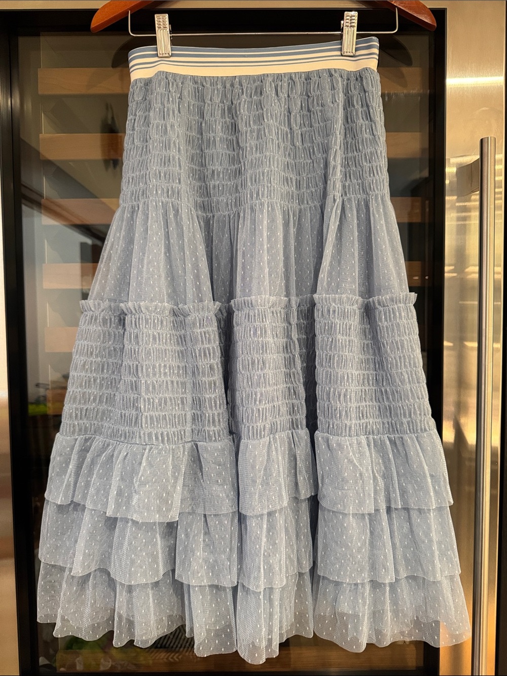 Maeve Anthropologie Blue Swiss Dot Tiered Tulle Midi Skirt XS Balletcore